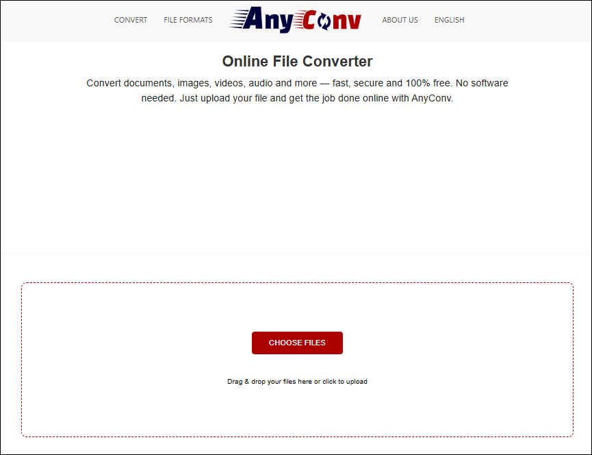 Интерфейс AnyConv с кнопкой Choose Files и областью загрузки