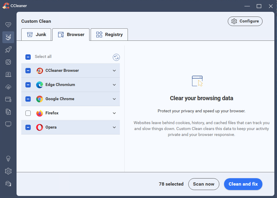 Раздел Custom Clean и настройки браузерных категорий в CCleaner