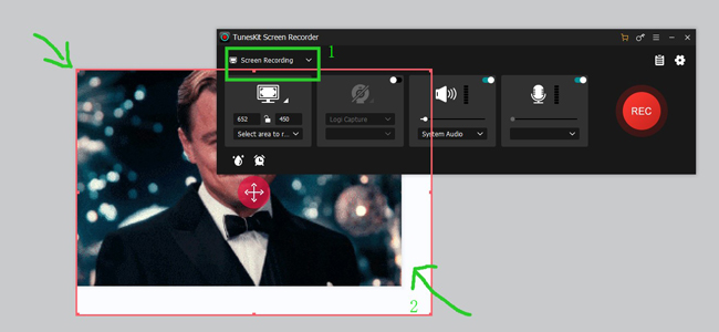Выбор области и параметров в TunesKit Screen Recorder