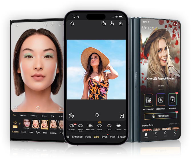 Интерфейс Perfect365 с разделами Looks, Face, Lips, Eyes, Hair, Shape и Edit
