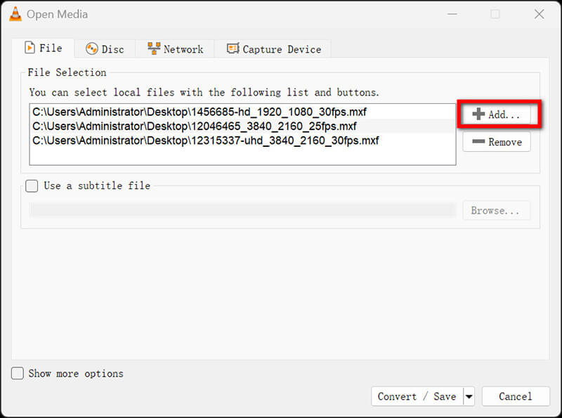 Добавление нескольких файлов в окно VLC