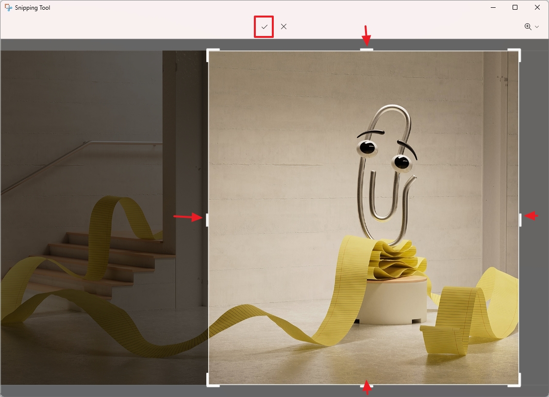 Рамка обрезки и подтверждение в Snipping Tool