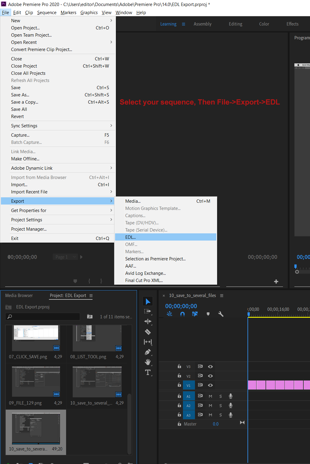 Меню Export в Adobe Premiere Pro с командой AAF