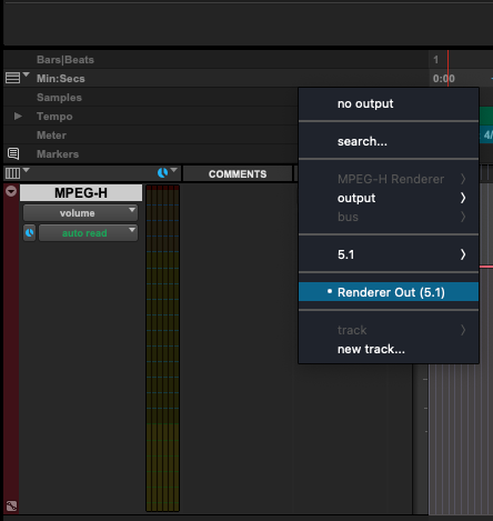 Выбор Renderer Out в Master Fader Pro Tools
