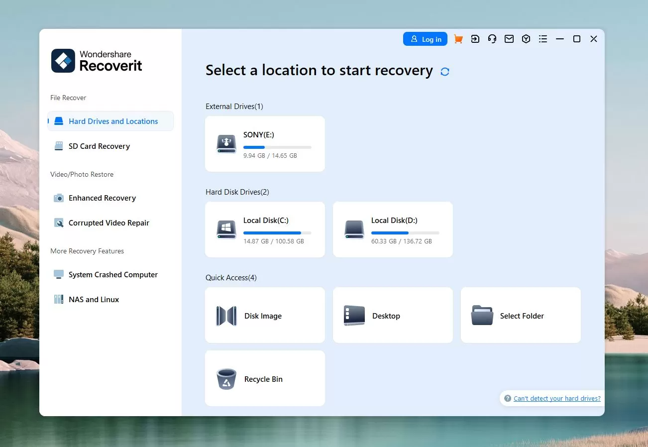 Сканирование внешнего устройства в Wondershare Recoverit