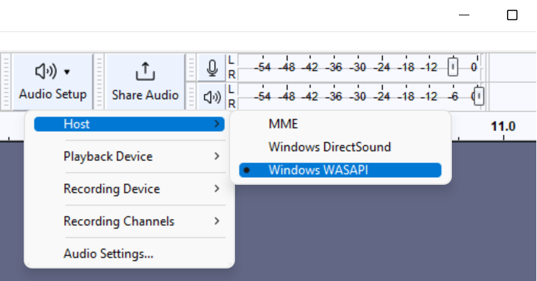 Выбор Windows WASAPI в меню Audio Setup Audacity
