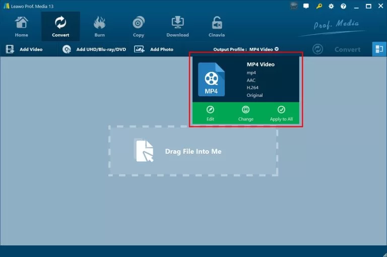 Меню Output Profile с командой Change в Leawo Video Converter