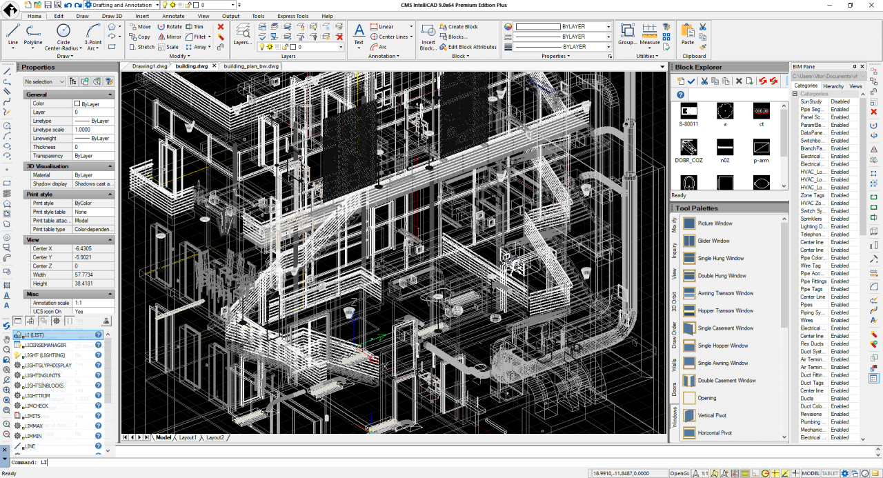 BIM-модель в CMS IntelliCAD PE Plus с Properties, Block Explorer, BIM Pane и Tool Palettes