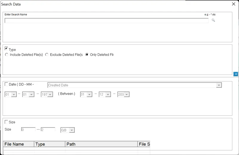 Окно Search Data с фильтрами BitRecover Data Recovery Wizard