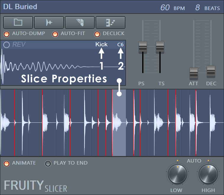 Интерфейс Fruity Slicer со слайсами аудиолупа