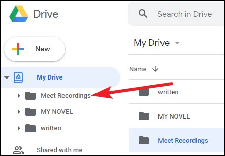 Папка и файл записи Google Meet на Google Диске