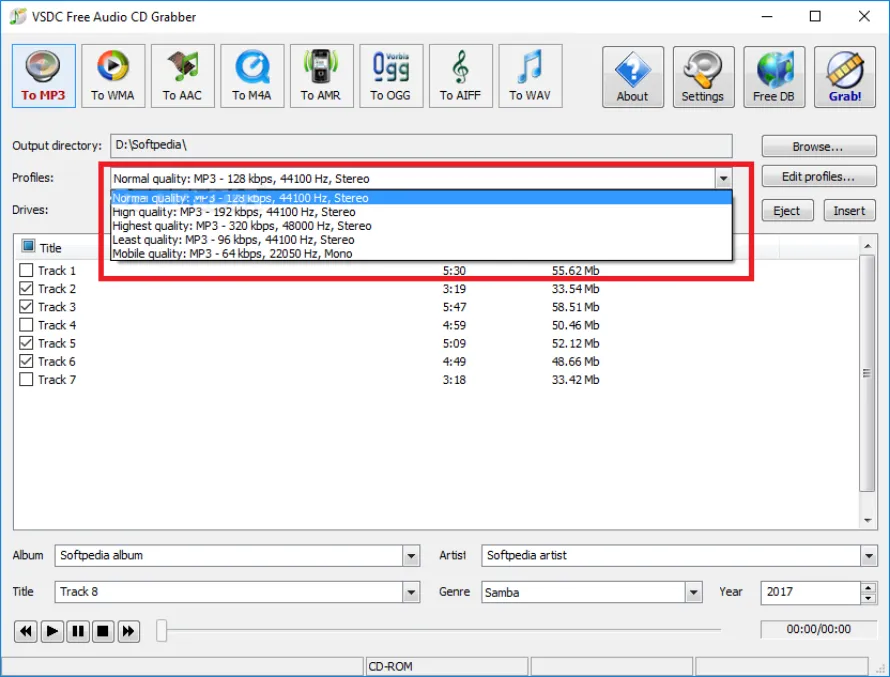 Выбор MP3-профиля в VSDC Free Audio CD Grabber
