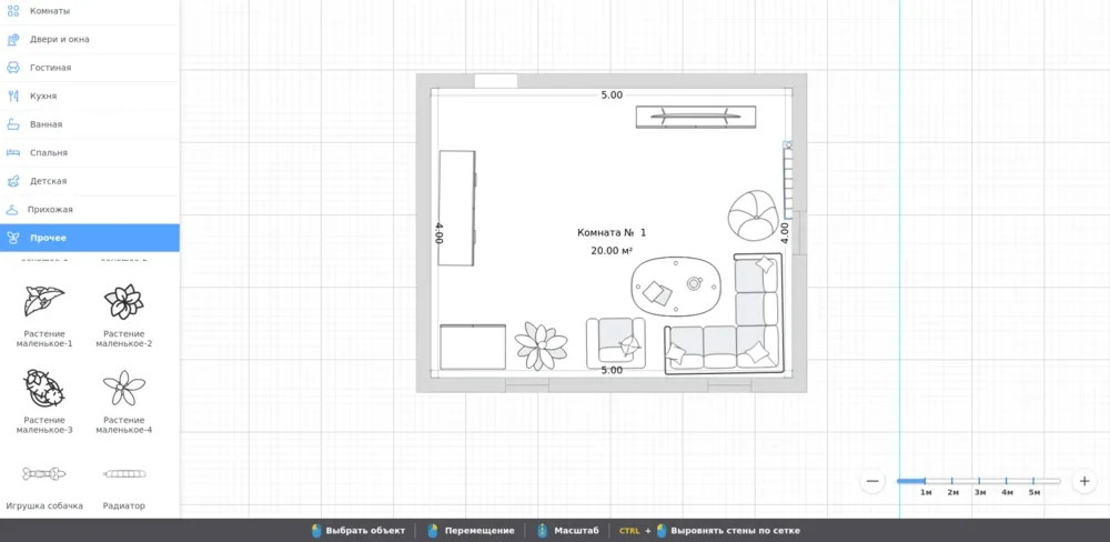Flat Planner: 2D-план комнаты с размерами и каталогом объектов