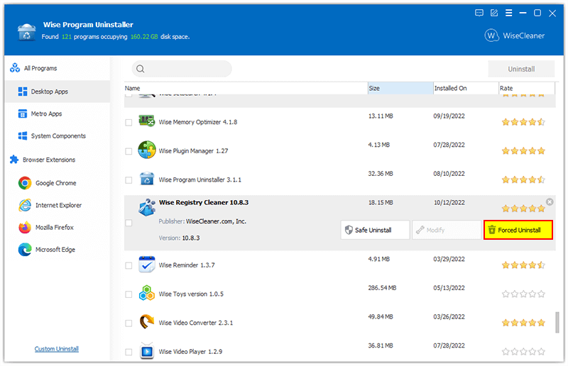 Принудительное удаление через Forced Uninstall в Wise Program Uninstaller
