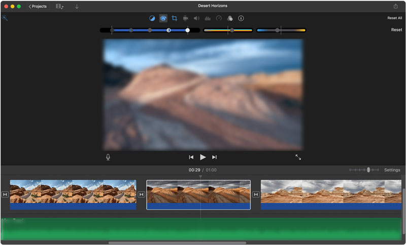 Интерфейс iMovie для цветокоррекции видео