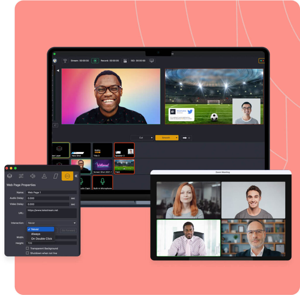 Интерфейс Wirecast с рабочей областью, удалённой встречей и панелью Web Page Properties