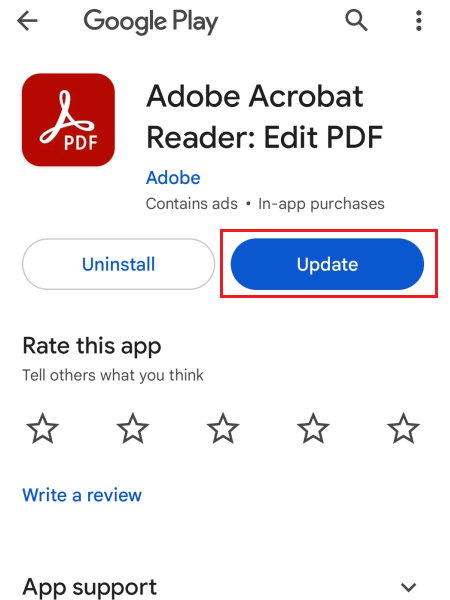 Кнопка Update для Adobe Acrobat Reader в магазине приложений Android