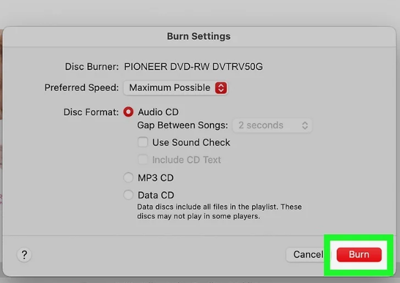 Music на macOS: Burn Settings с выбором Audio CD, MP3 CD и Data CD