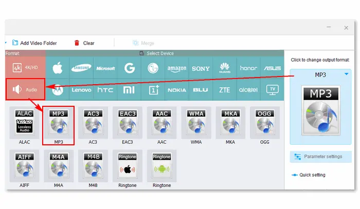Выбор MP3 в категории Audio в WonderFox Free HD Video Converter Factory