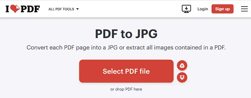 iLovePDF — выбор режима извлечения изображений из PDF