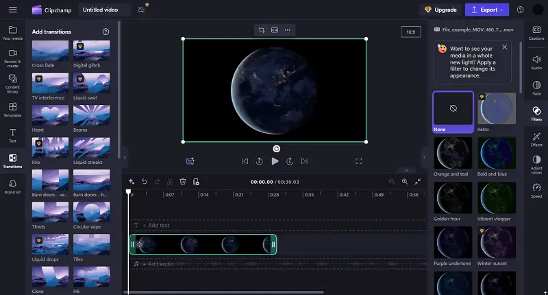 Инструменты Clipchamp рядом с окном предпросмотра
