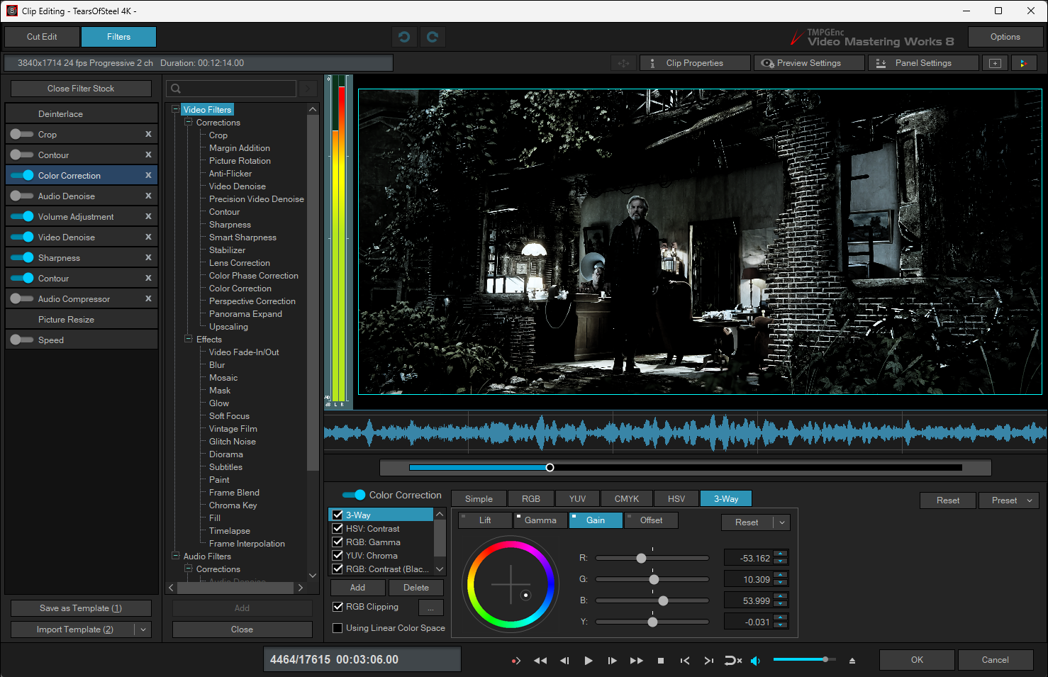 Окно Filters в TMPGEnc Video Mastering Works 8 с выбранным фильтром Color Correction и настройками 3-Way