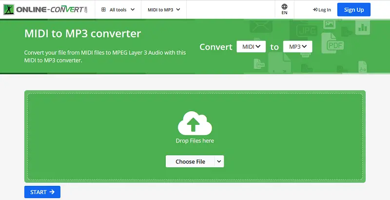 Страница MIDI to MP3 сервиса Online-Convert с кнопкой Choose File