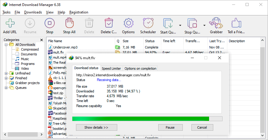 Главное окно Internet Download Manager со списком загрузок и панелью прогресса