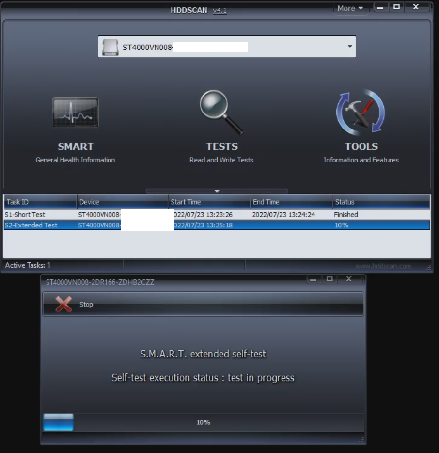Интерфейс HDDScan с SMART и расширенным тестом накопителя