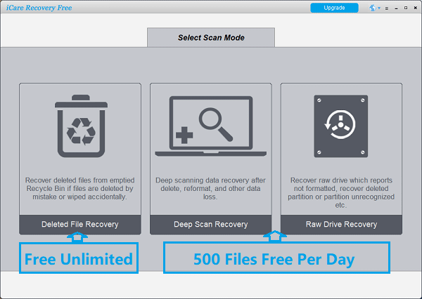 Главное окно iCare Data Recovery Free с выбором режима сканирования