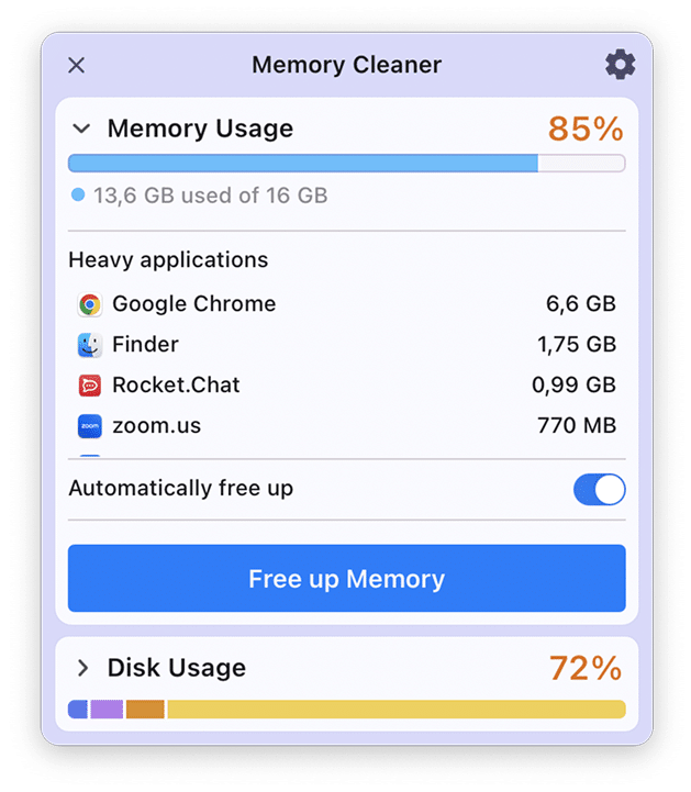 Главное окно Nektony Memory Cleaner с разделами Memory Usage, Heavy applications, Automatically free up и Disk Usage