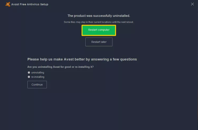 Завершение удаления Avast и запрос перезагрузки
