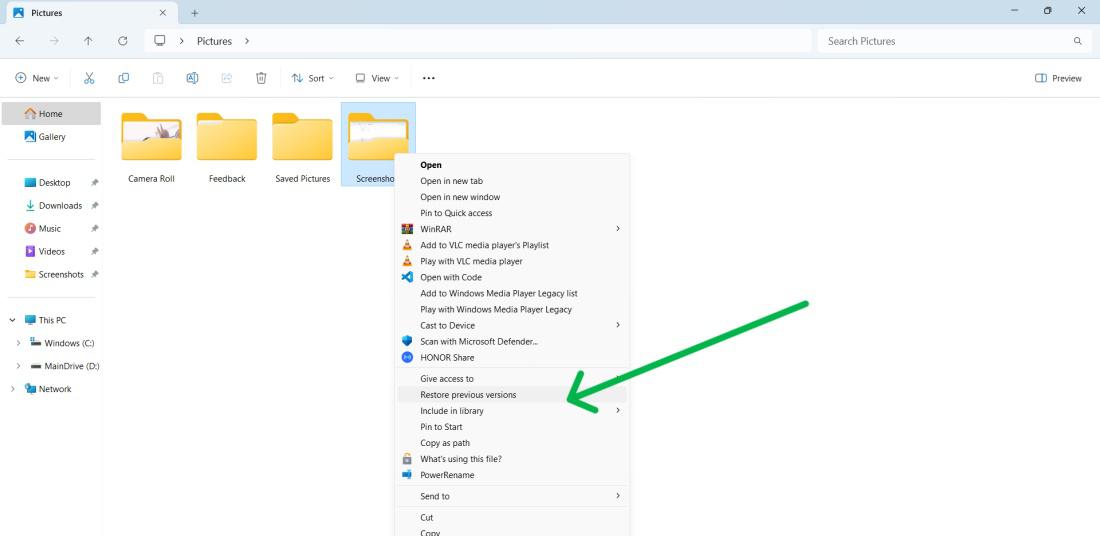 Открытие предыдущих версий папки в Проводнике Windows