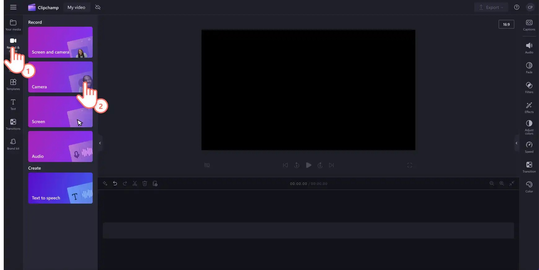 Интерфейс Clipchamp для записи камеры и монтажа