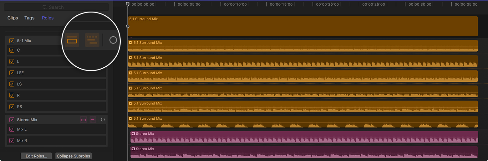 Timeline Final Cut Pro с несколькими аудиокомпонентами