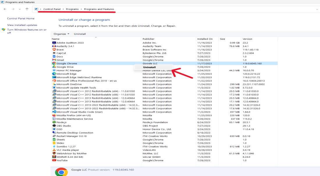 Программы и компоненты Windows с командой удаления выбранной программы