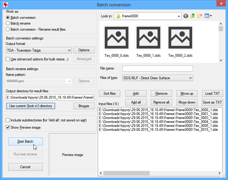 Окно IrfanView Batch Conversion с форматом Targa TGA