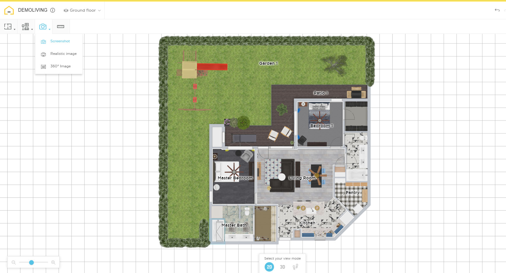 HomeByMe: 2D-план дома и сада с переключателем вида и инструментами визуализации