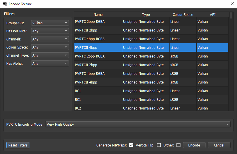Окно Encode Texture в PVRTexTool с Generate MIPMaps и кнопкой Encode