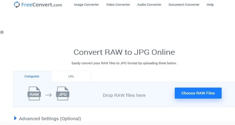 Интерфейс FreeConvert для преобразования RAW