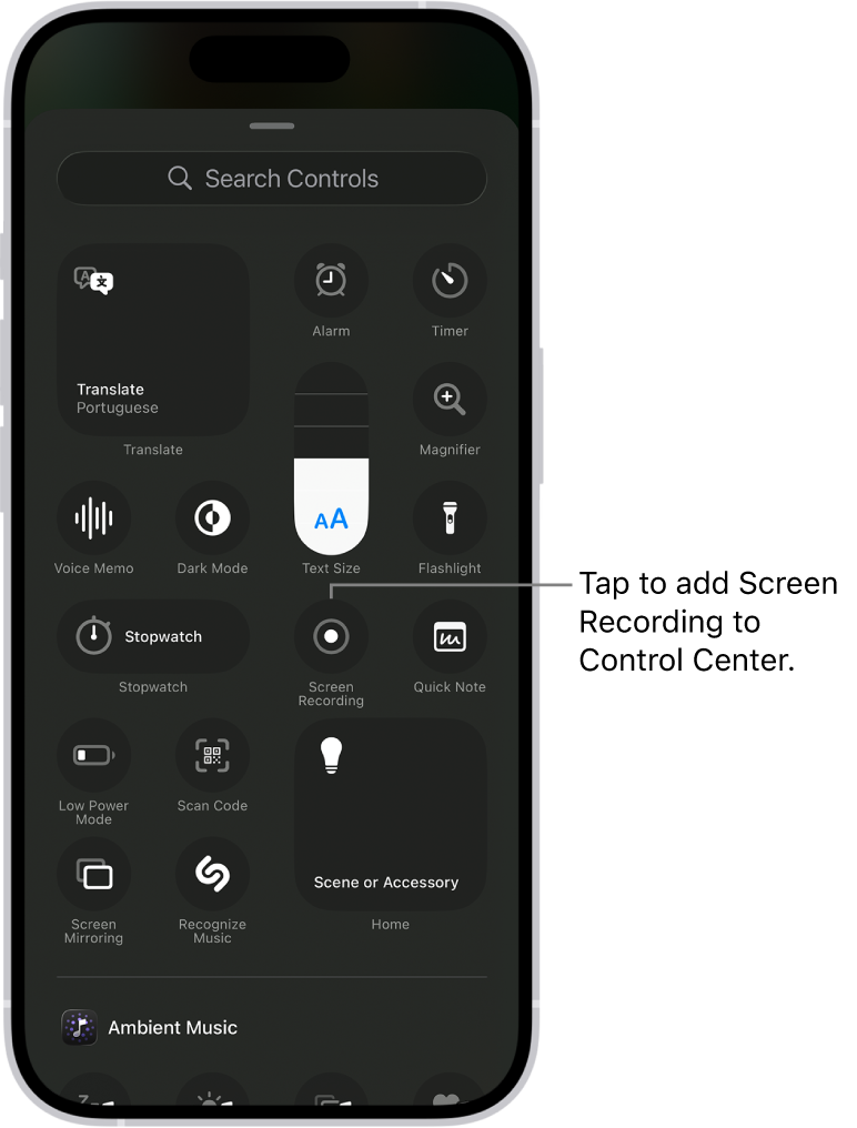 Добавление элемента Screen Recording в Control Center на iPhone