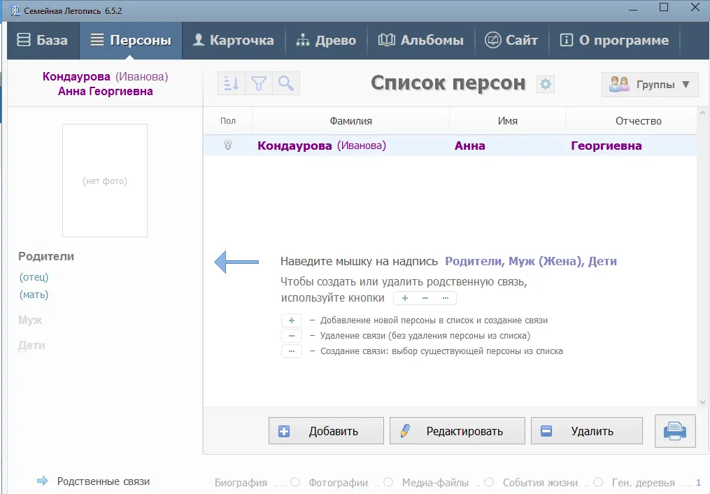 Интерфейс Семейная Летопись
