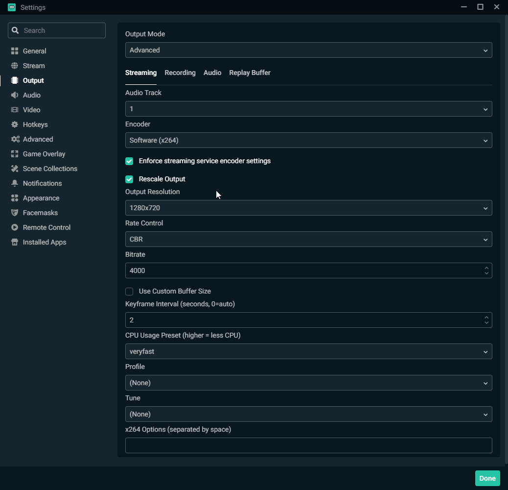 Настройки Output с encoder, bitrate и CPU Usage Preset