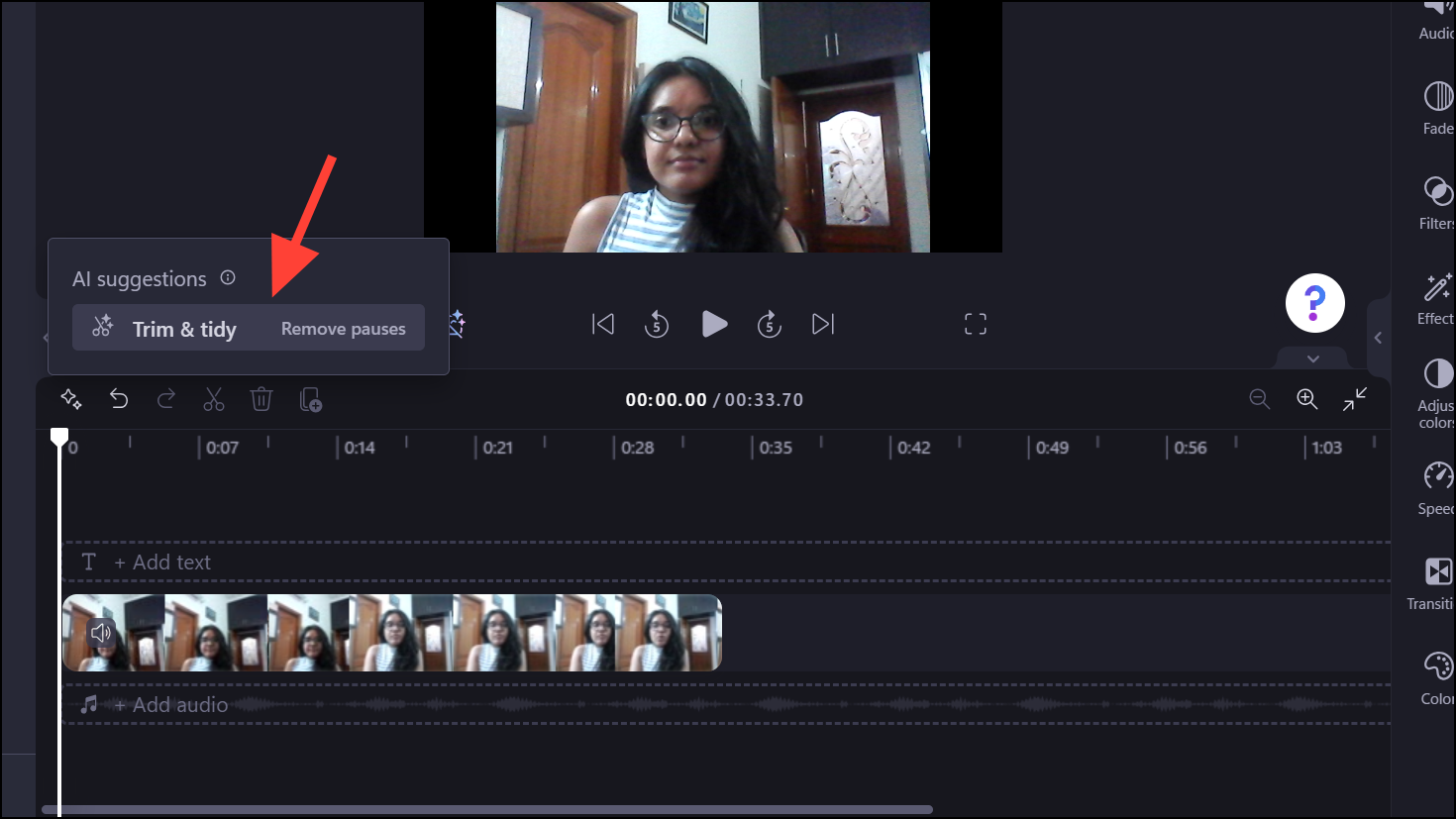 Clipchamp: команда Remove pauses в панели Trim and tidy