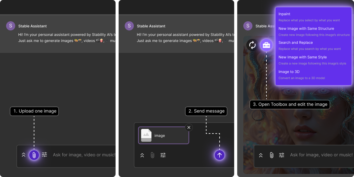 Загрузка изображения и открытие Toolbox в Stable Assistant