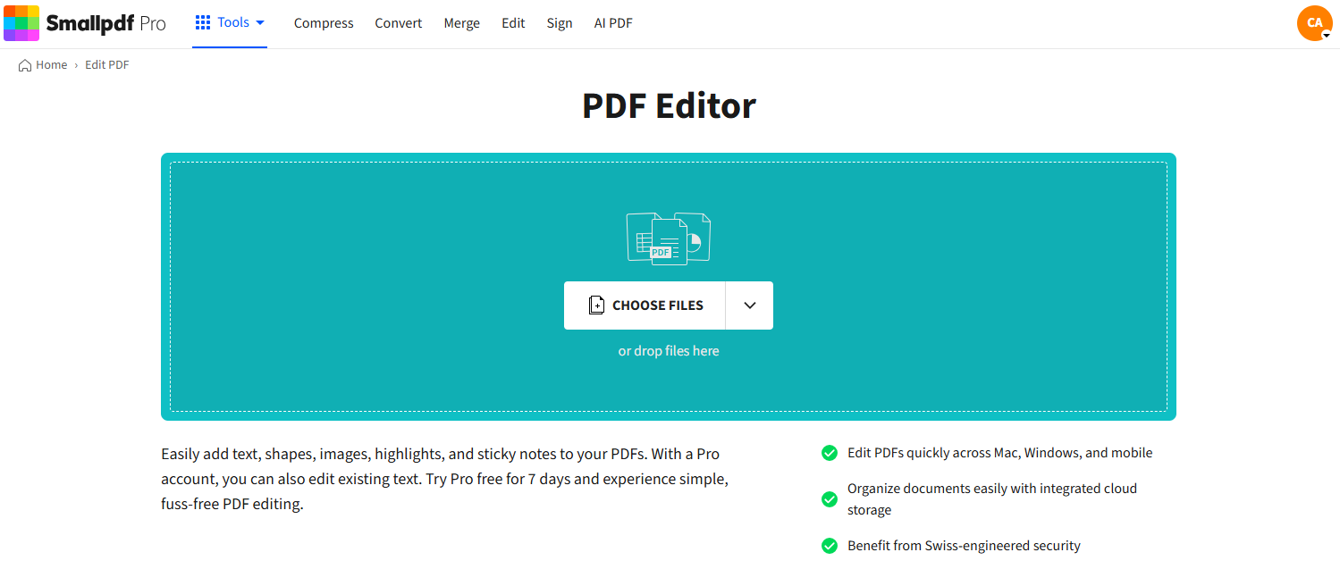 Панель изменения размера текста в Smallpdf