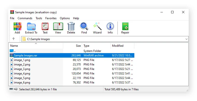 WinRAR: окно архива с командами Add, Extract To, Test и Repair