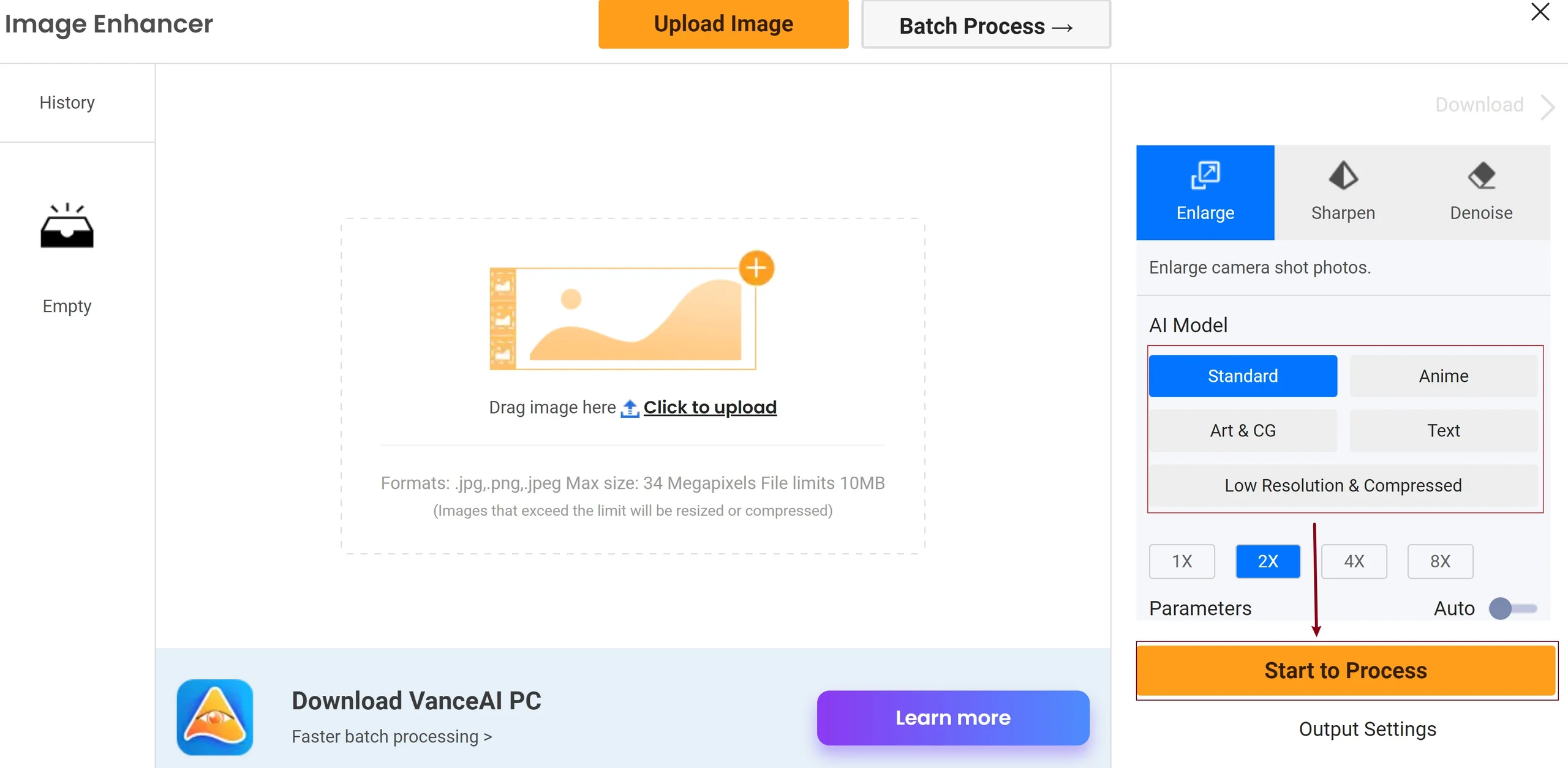 Рабочее пространство VanceAI Image Upscaler с Upload Image, Batch Process, AI Model и Start to Process