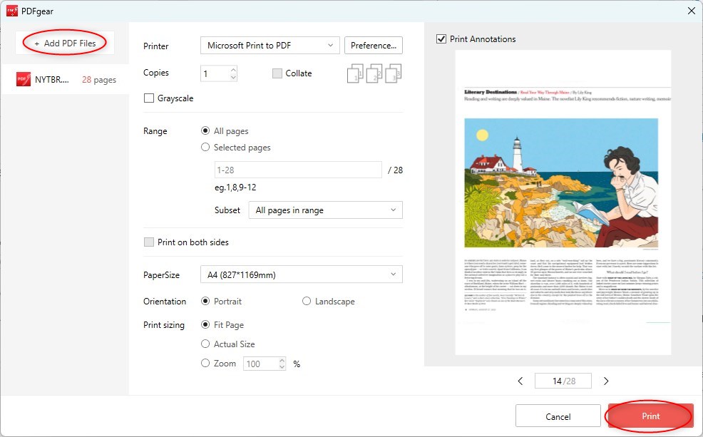 Добавление PDF и параметры пакетной печати в PDFgear