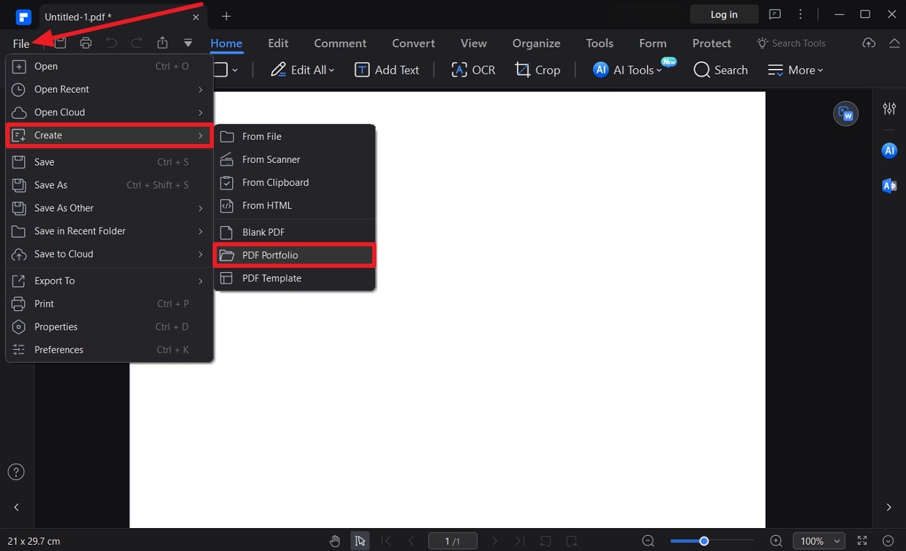 Команда File Create PDF Portfolio в PDFelement